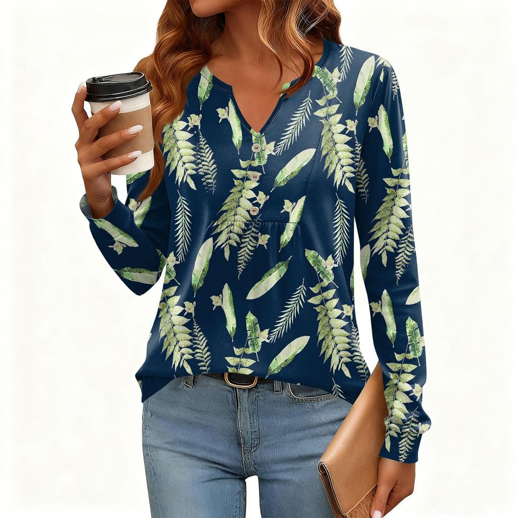 Γυναικείο Χαλαρό, V-λαιμόκοψη, Ρετρό Χρώμα, Μπλοκ με Φλοράλ Σχέδιο, Μακρυμάνικο Πουλόβερ T-shirt