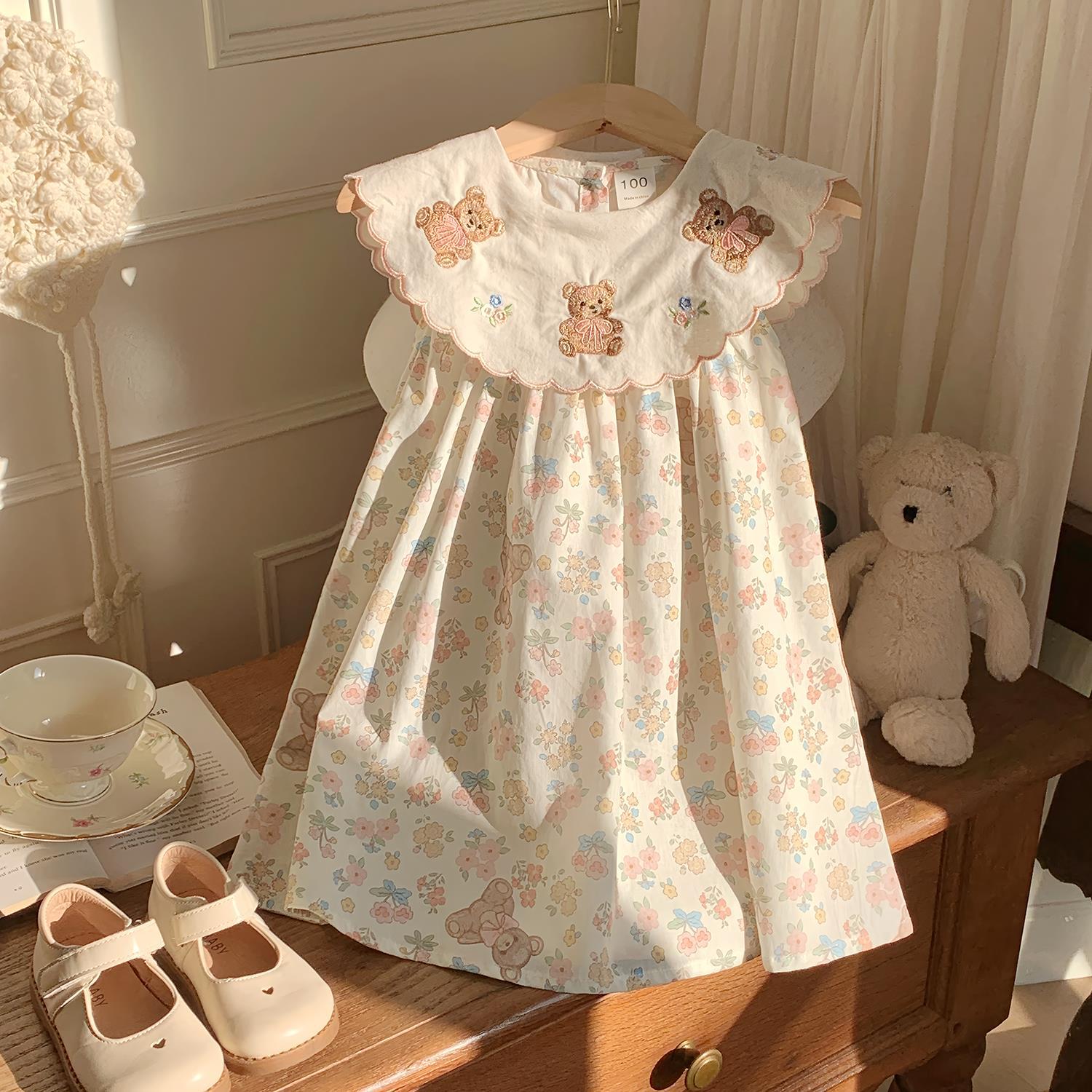 Korean Style Floral Teddy Bear Embroidered Girls  Summer Dress 2025 110 cm