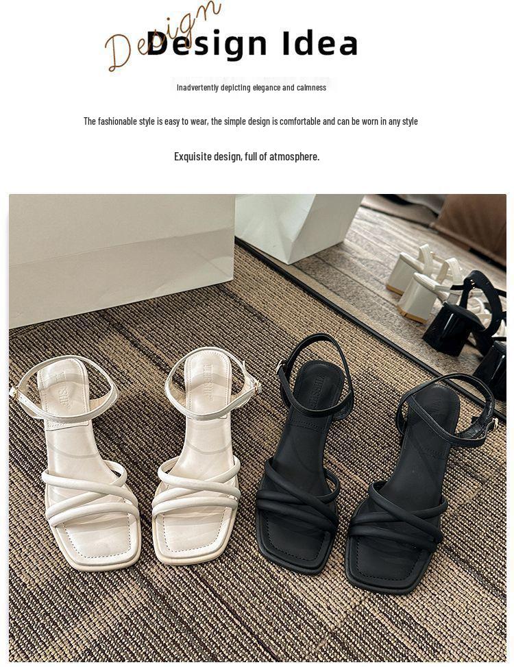 One-Strap Chunky Heel Square Toe White Sandals - 2025 Spring French Style Women's Mid-Heel