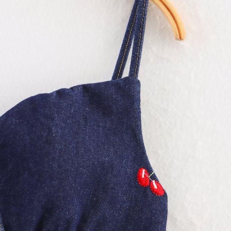 Kaslead New Arrival Women's Fashion Wind Washed Embroidered Denim Shoulder Strap Adjustable Short Sling Tops