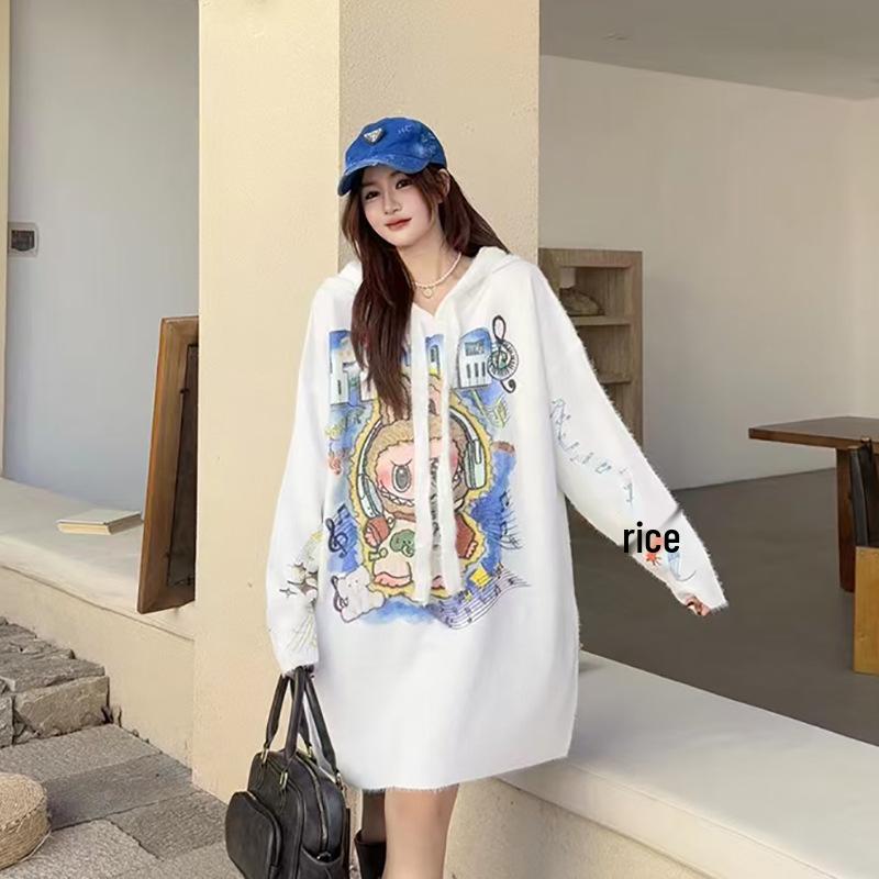 Women's Stylish Mink Wool Hooded Sweater - Soft, Printed, Long Sleeve, Loose Fit, Perfect for Lazy Autumn & Winter Days