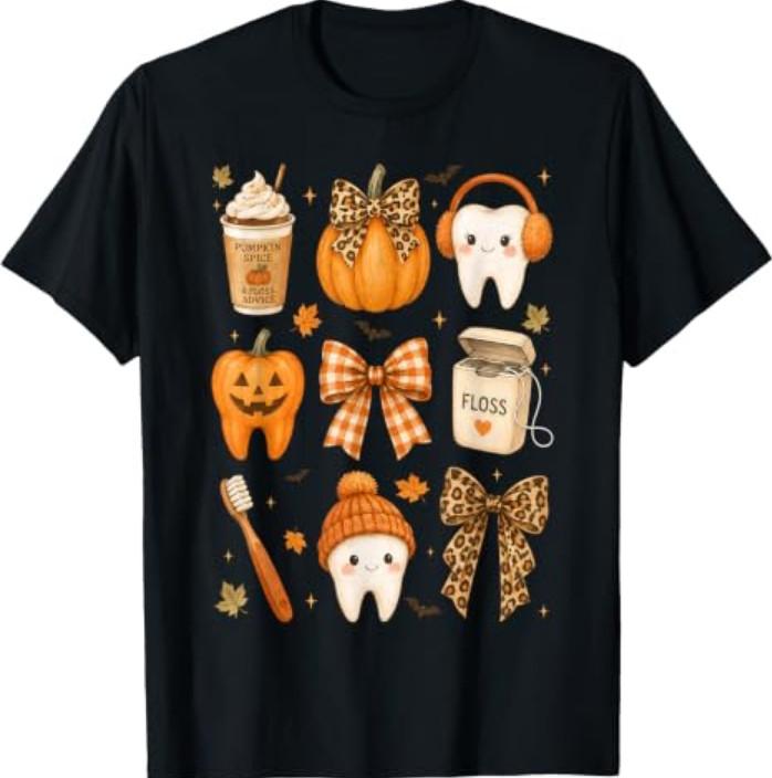 Fall Dentist Halloween Tooth Pumpkin Bow Dental Hygienist T-Shirt