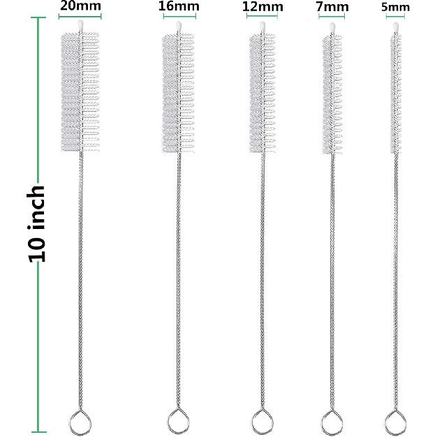 Straw Cleaner Brush Long 10 inch, 10-PCS Straw Brush of Bristles Diameter (5+8+12+16+20mm) for Cleaning Reble Straws, Sippy Cup, Water Bottles,