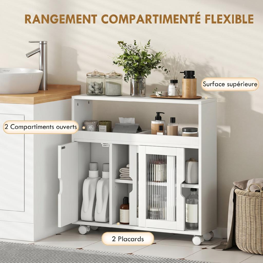 Bathroom Cabinet on Casters, Tempered Glass Doors, Open Compartment, 71 x 20 x 70 cm, White