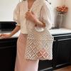 New Wooden Handle Rattan Handle Solid Color Hollow Handmade Cotton Rope Woven Bag Seaside Vacation Handbag Straw Bag