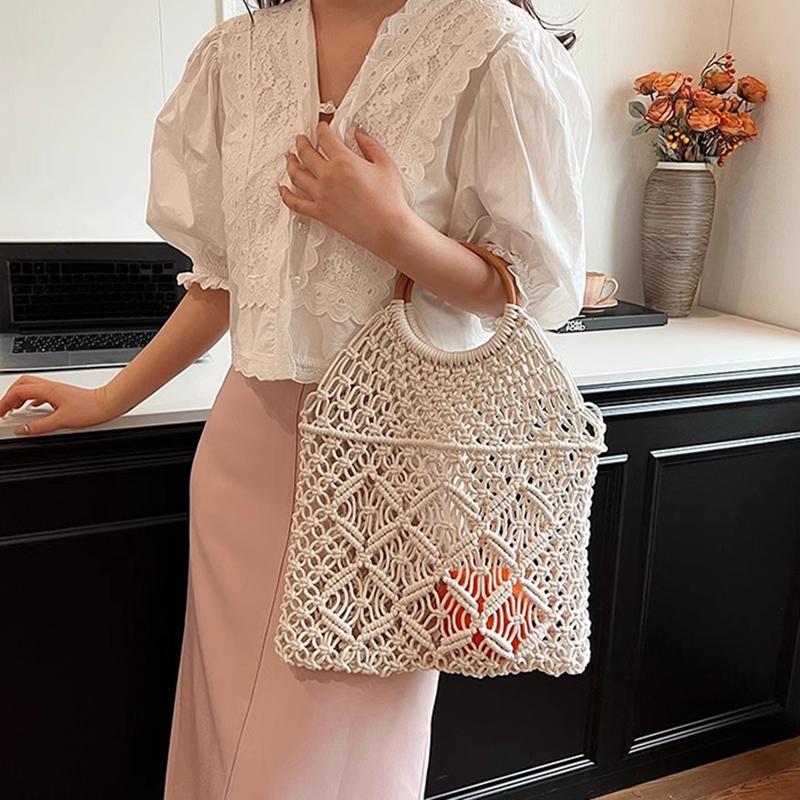 New Wooden Handle Rattan Handle Solid Color Hollow Handmade Cotton Rope Woven Bag Seaside Vacation Handbag Straw Bag
