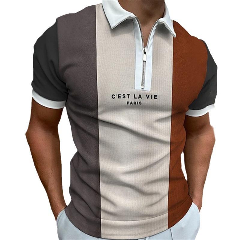 Striped Short Sleeve Polo Shirt, Half-Zip Slim Fit Casual Top
