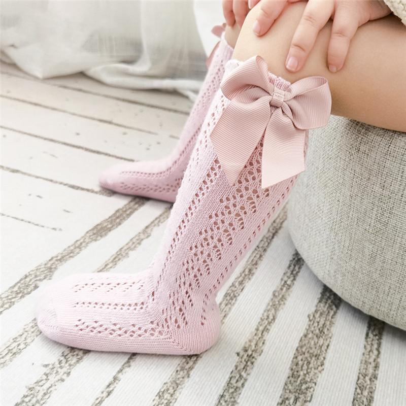 Summer Kids Knee High Socks Baby Girls Boys Bow Long Sock Soft Cotton Mesh Breathable Children Hollow Socken For 0-7Years