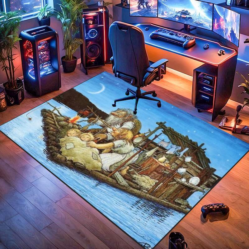 Fairy Tale Troll Family Rug, Old Trolls on Raft Lake Night Print Floor Mat for Living Room Bedroom Home Decor