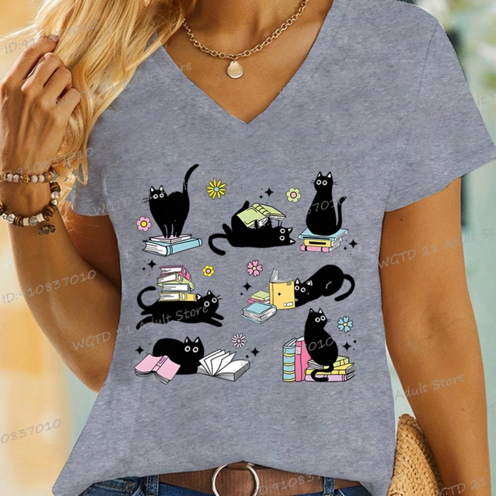 Cartoon cat and book T-shirt funny bookworm casual women's short-sleeved top