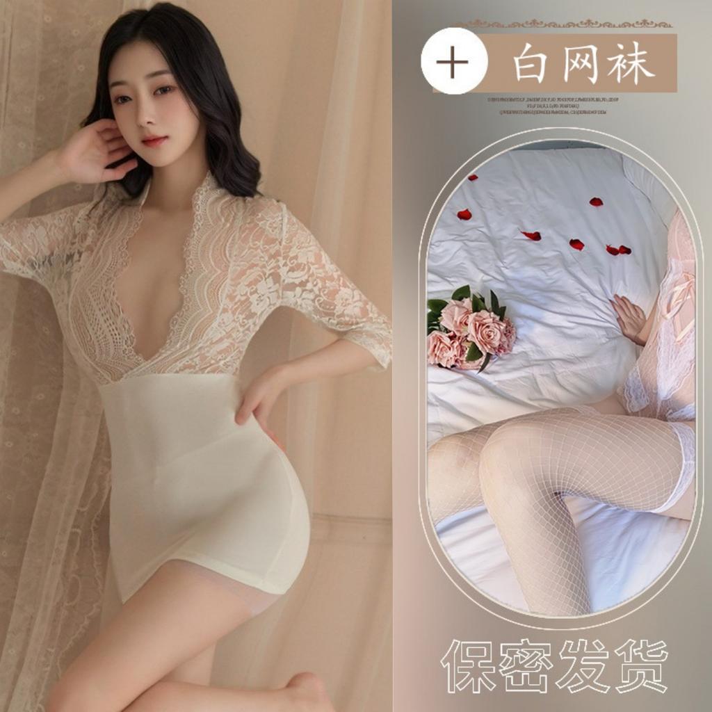 New sexy lingerie lace temptation perspective deep v ** hip skirt free large size pajamas women