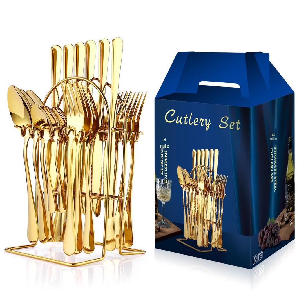 24-Piece Gold Stainless Steel Cutlery Set with Knife, Fork, Spoon & Household Storage Rack In Gift Box