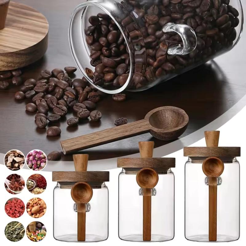 Food Storage Container Glass Jar with Wooden Lid & Scoop Grain Spice Coffee Bean