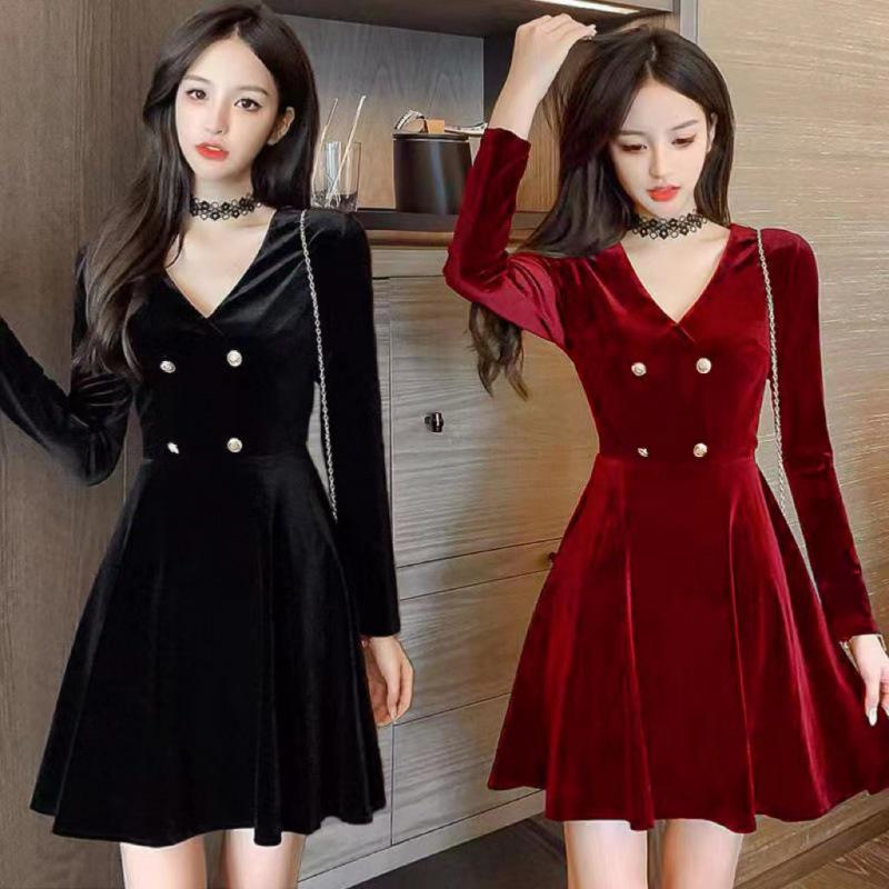 

2023 Plus Size Gold Velvet Hepburn Style Short Dress - Autumn Trendy All-Match XL чорний