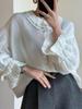2025 Autumn Ruffled Collar Retro Court-Style Linen Shirt with Lantern Sleeves