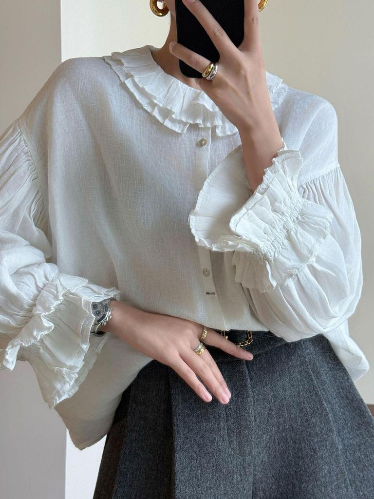 2025 Autumn Ruffled Collar Retro Court-Style Linen Shirt with Lantern Sleeves