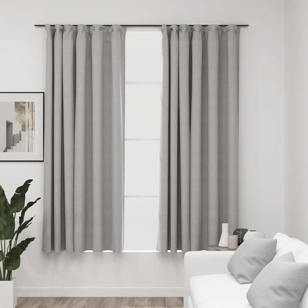 Blackout Curtains with Hooks Linen Look 2 Pcs Gray 140 X 175 Cm
