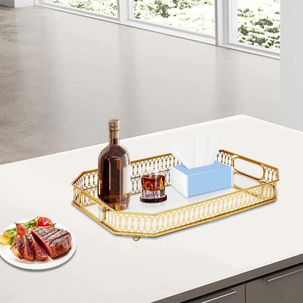 Gold Decorative Tray, Rectangular Desktop Serving and Vanity Tray, Modern Iron Electroplated Glass Tabletop,Home Decorative Tray