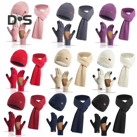 3 Pcs/Set Unisex Winter Beanie Scarf Gloves Set Thick Knitted Warm Cap Great Friction Palm Gloves Elastic Ear Protection Windproof Winter Outdoor