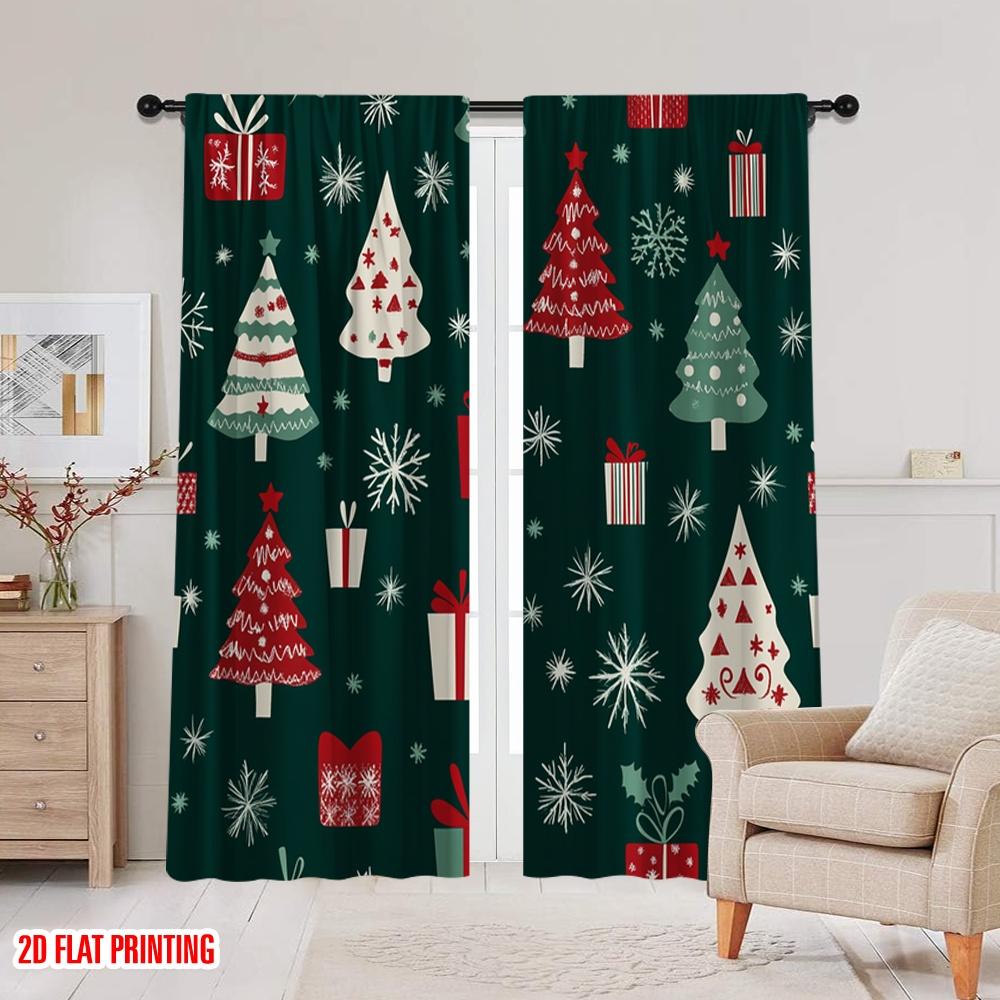 2pcs,2D Plane Printing Creative Curtains Christmas Trees Snowflakes Gifts_d (3) Polyester Woven (without Rod) Room Decor Ldeal