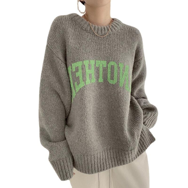 Fashionable Candy-colored Sweater Women's Autumn and Winter Loose Lazy Wind Thickened Round Neck Letter Knit Sweater Comfortable and Versatile