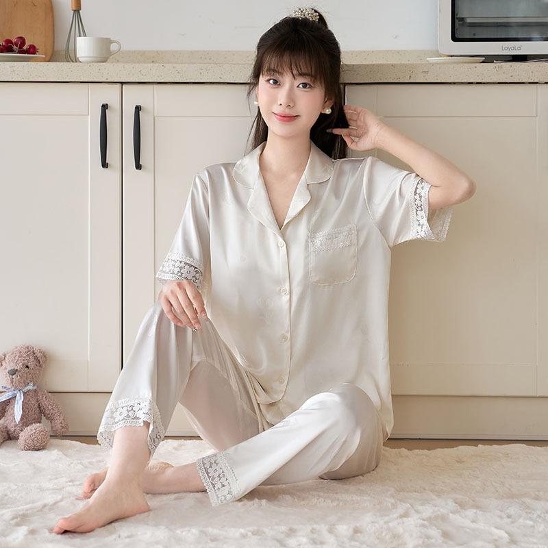 Summer Women's Ice Silk Pajamas, Short-sleeved Trousers Set, Lace Splicing Simulation Silk, Comfortable and Fashionable Loungewear