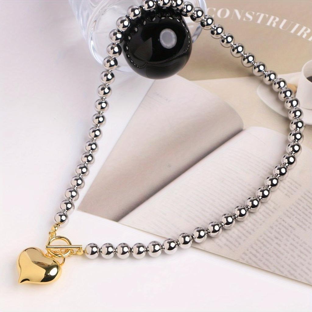 Europe and The United States  Round Beads Heart Pendant Necklace Women's Classic Trend Daily Accessories Jewelry