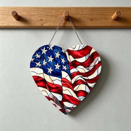 4th of July Suncatcher for Window Hanging Acrylic Stained Glass Heart/Eagle Ornament Patriotic Red White Blue Sun Catcher Panel for Memorial Day Decor