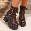 Women'S Gothic Platform Boots Punk Chunky High Heel Ankle Boots Rivet Chain Decor Black Motorcycle Booties Woman Fashion Shoes