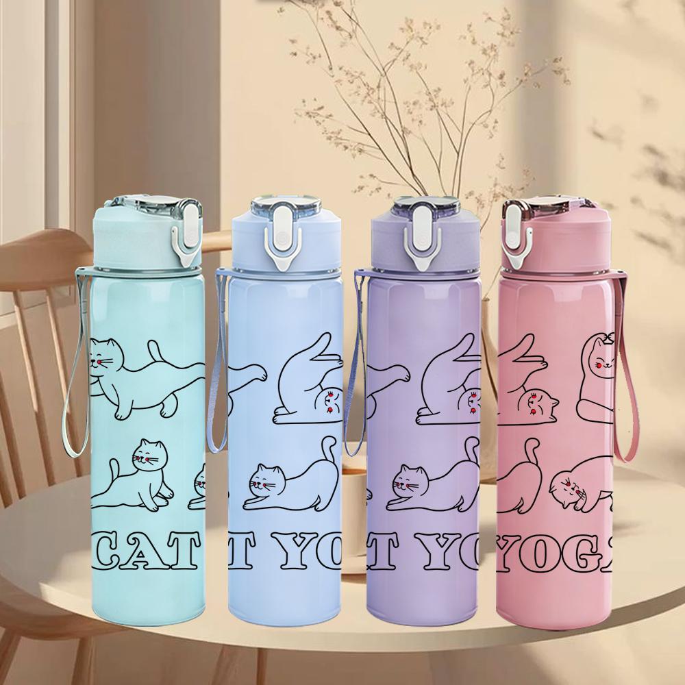 1PC Multi Cat Yoga Sketch Collage 750ml Color Plastic Sports Water Bottle Leakproof Flip Straw Lid Suitable for Sports Office Home Use