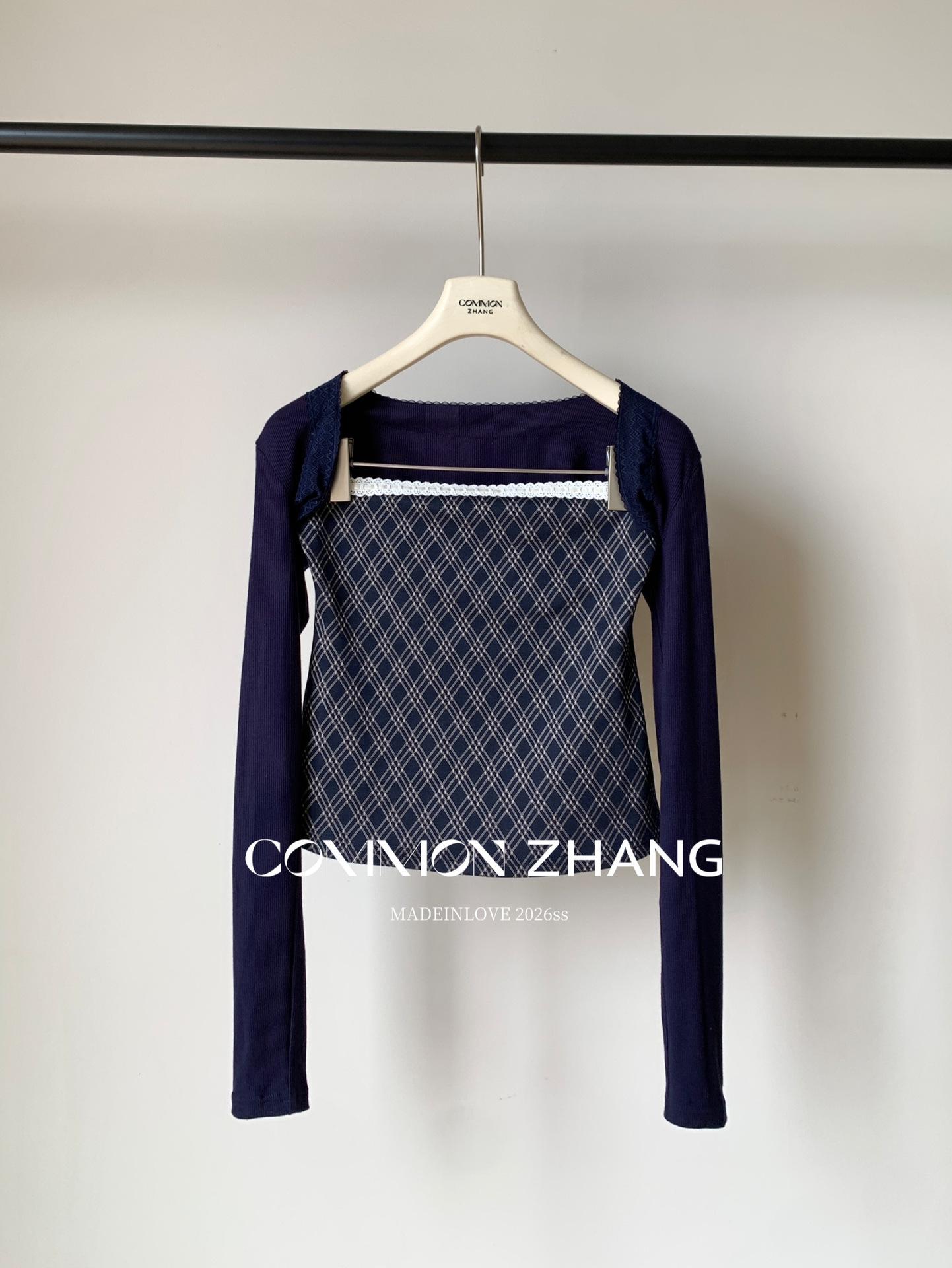 CZ ZHANG Spring Lace Patchwork Square Neck Long Sleeve Plaid Women s Slim Fit T-shirt Set C13158 Small темно-синий