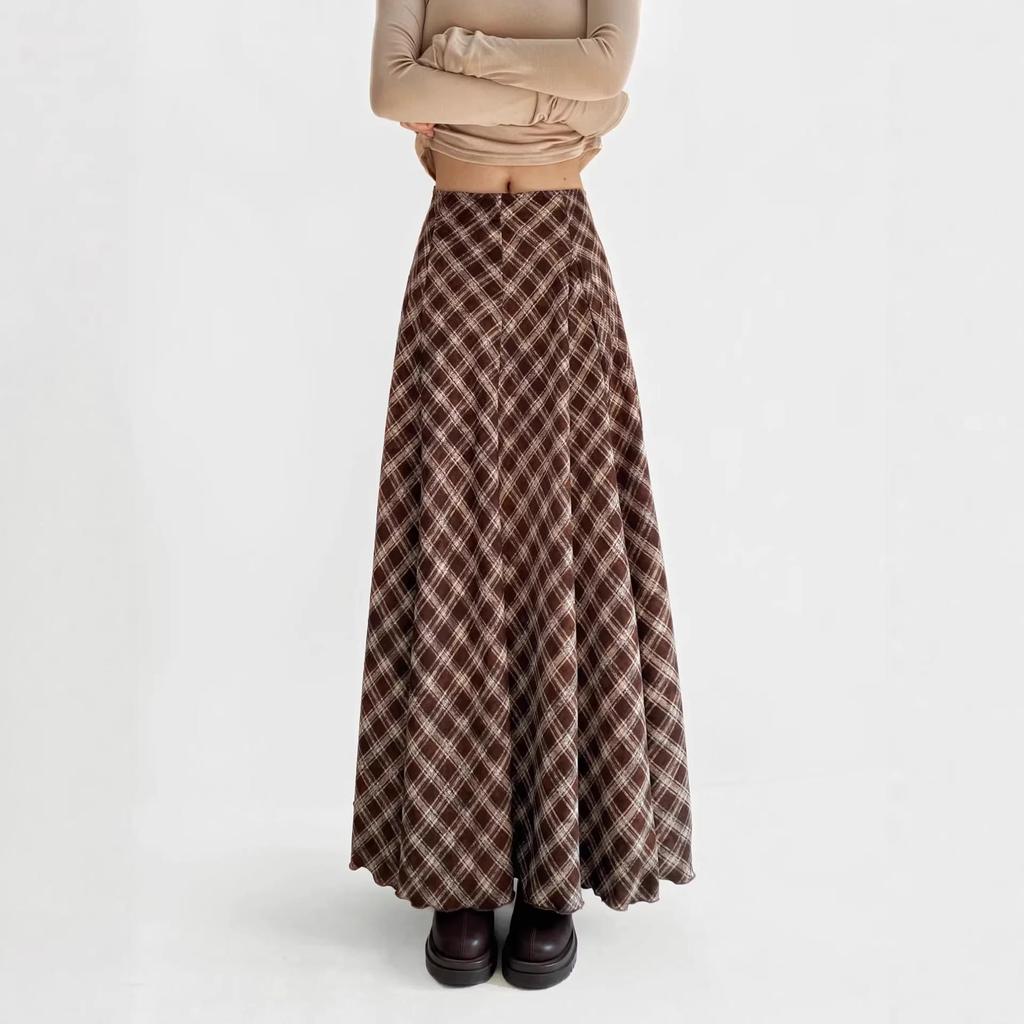 Triangle Panel High-Waisted Plaid A-Line Skirt - Women's Autumn/Winter Retro Style