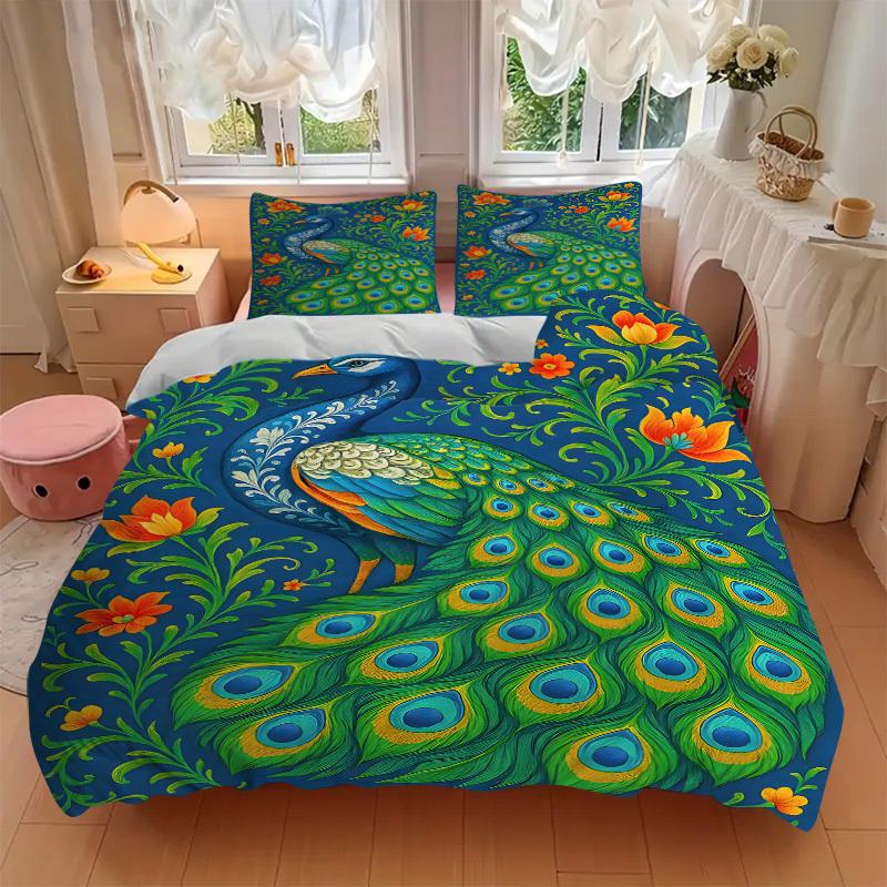 3pcs Peacock Feather Duvet Cover Set, Soft Comfortable Duvet Cover,Guest Room (1*Duvet Cover + 2*Pillowcase, Without Core) yy251104161