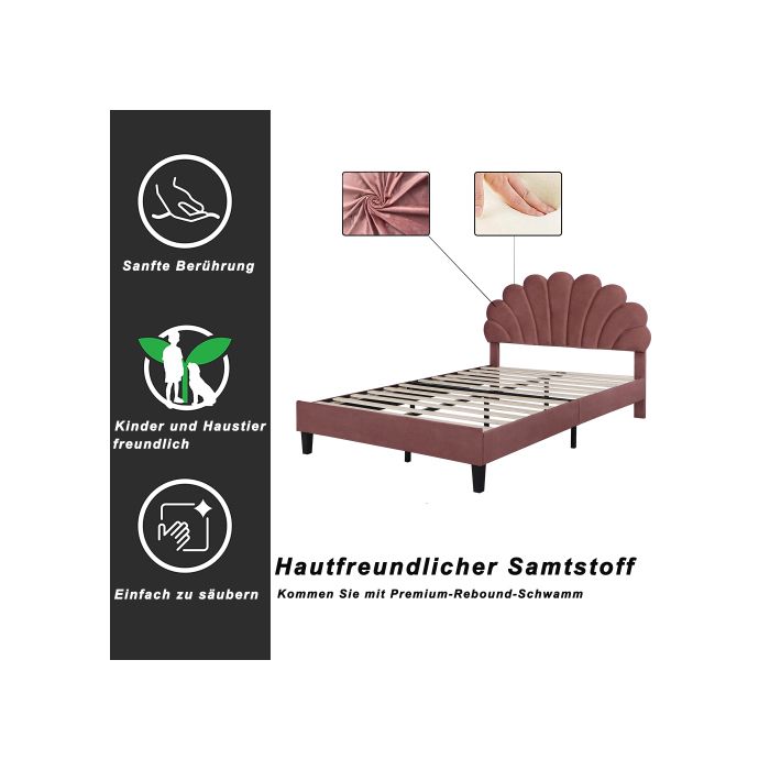 Pat dublu tapițat 140 x 200 cm, rame de pat cu tăblie florală și somieră cu lamele, pat suplimentar în culoarea soia