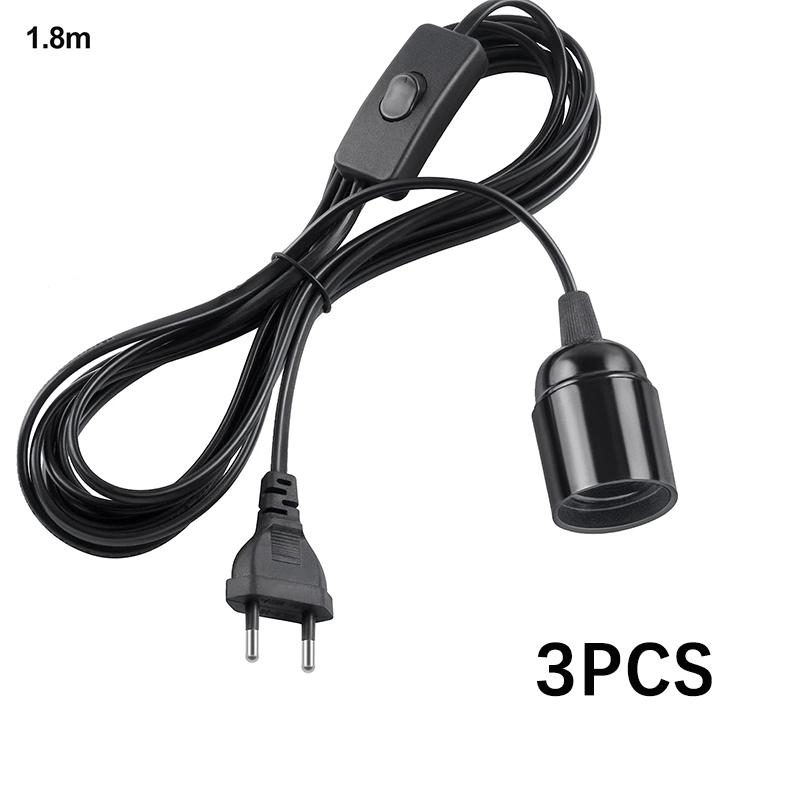 

3 шт. Кабели питания 1,8 м с вилкой ЕС, патрон для лампы E27 с выключателем, провод с вилкой ЕС для подвесных светодиодных ламп, домашний подвесной светильник, подвесной патрон чёрный