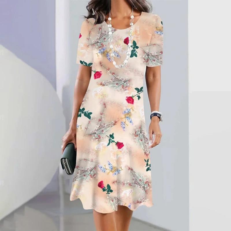 Elegant Floral Print Midi Dress Summer Women's Loose A-Line Dress Digital Printing Round Neck Short Sleeve Comfortable Fit