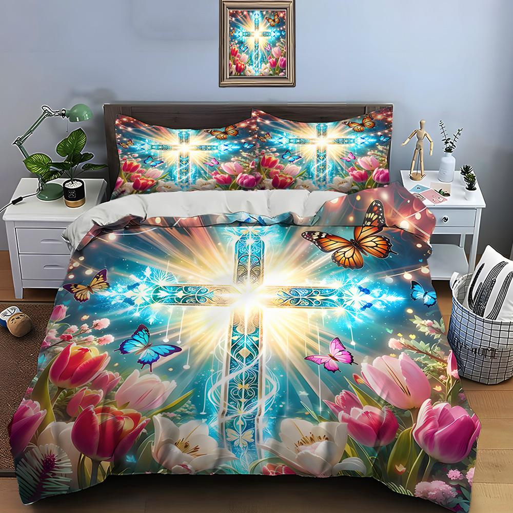 Colorful Cross with Butterflies and Flowers Print Bedding Set 1 Duvet Cover 2 Pillowcases for Adult and Children Luxury Gift