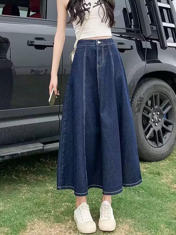 2024 High Waist Retro Denim Midi Skirt: Slimming, Fashionable, Hip-Covering Draped Design