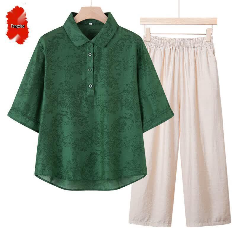 Middle-Aged Women s Casual Floral Cotton Linen Summer Top M