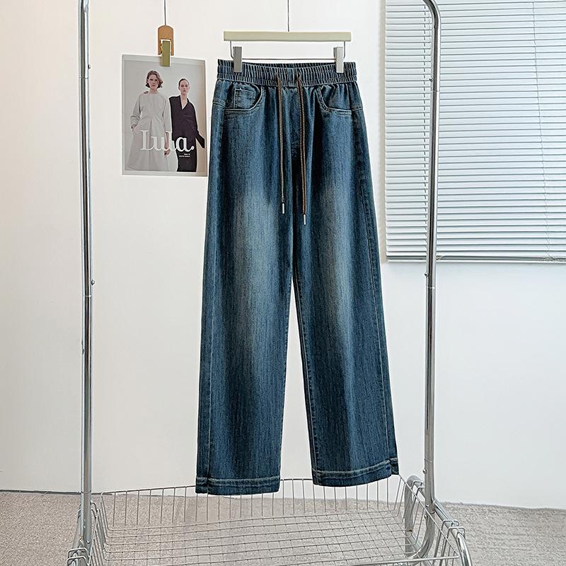 

2025 Early Autumn High-Quality Versatile Women s Plus Size Slimming Straight-Leg Drawstring Elastic Waist Pants 9XL (260-300 Jin) джинсовый синий