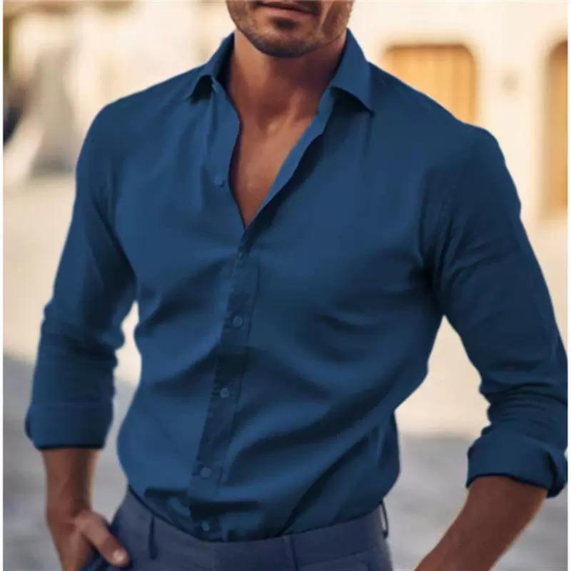 Herren Schlank geschnitten Einfarbig Langarm Vintage Lässig Business Hemd