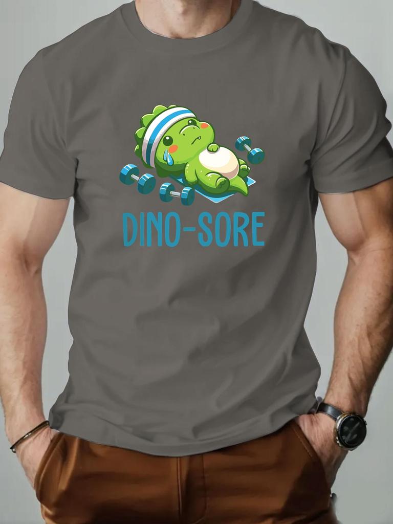 Men's Short Sleeve T-Shirt Cute Dino Sore Cartoon Dinosaur Fitness Graphic Print Weightlifting Theme Casual Streetwear Top