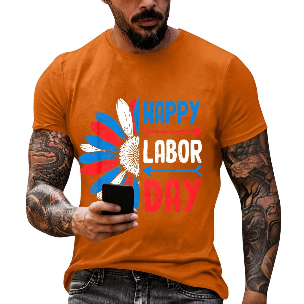 Men's Casual Loose Fit Short Sleeve T-Shirt Crew Neck Printed Graphic Tee for Labor Day Celebration Comfortable Everyday Wear