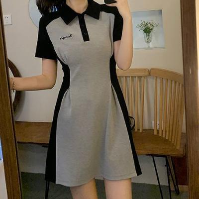 Contrast Color Polo Collar Dress Women's Summer New Short Skirt Large Size Fat Mm Waist and Thin Belly A-shaped Skirt