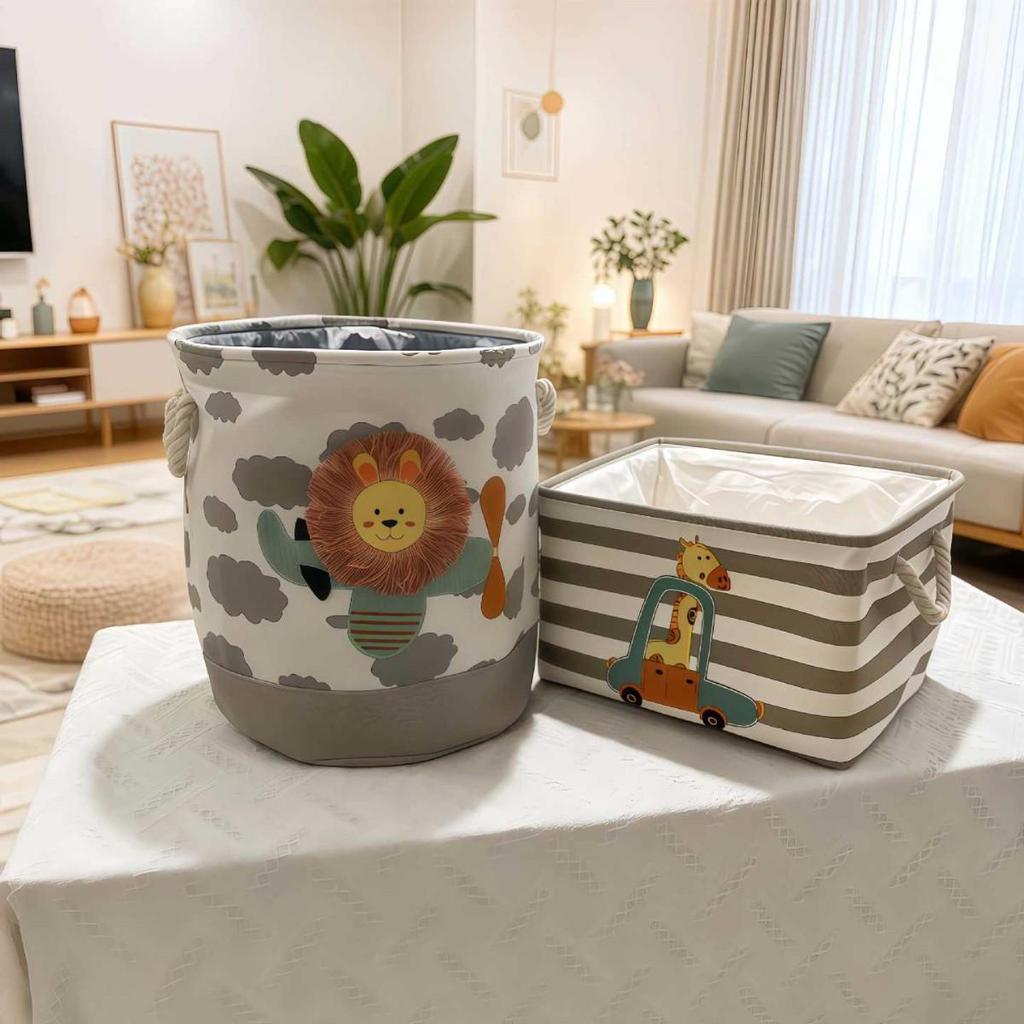Cartoon Embroidered Fabric Toy Organizer & Laundry Basket