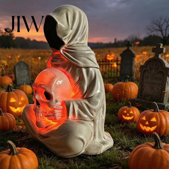 Handcrafted Sculpture for Indoor Tabletop Halloween Skull Light, Spooky Gothic Style Ornament, Waterproof Decorative Light Ornaments Garden Tabletops