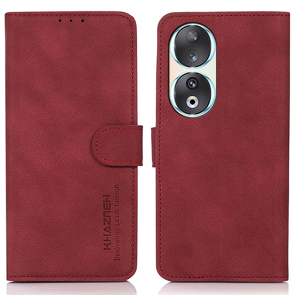 

KHAZNEH For Honor 90 Dustproof Phone Cover PU Leather Smartphone Case Textured Wallet Stand Shell Red