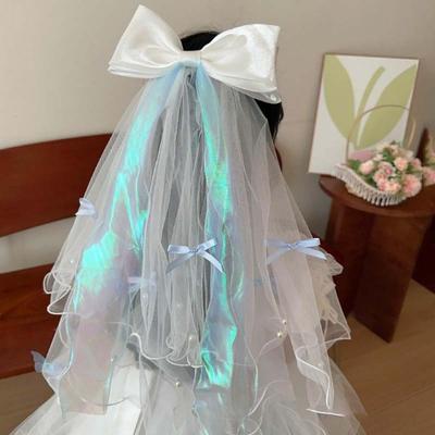White Girls Head Gauze Bow Colorful Flowing Tulle Creative Super Fairy Veil  Birthday Headdress