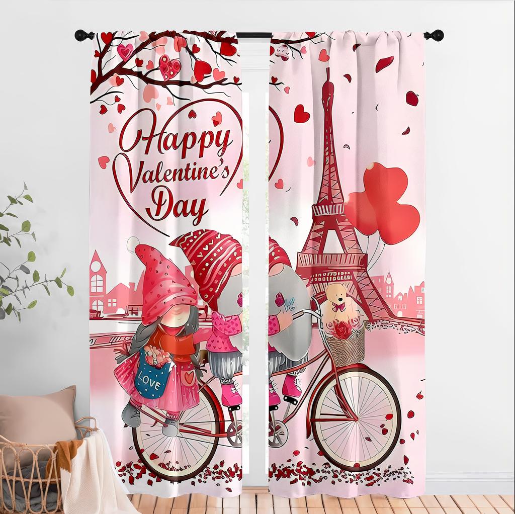 Set Of 2 Romantic Valentine Day Gnome Eiffel Tower Curtains Perfect Festive Window Decor Bedroom Living Room Curtain Polyester Ideal For Sitting