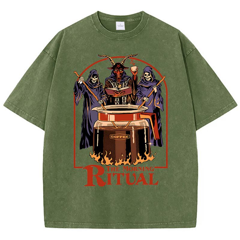 The Morning Ritual Coffee Funny Washed Retro Men T Shirts Summer Cotton T-Shirts Breathable Loose Clothes